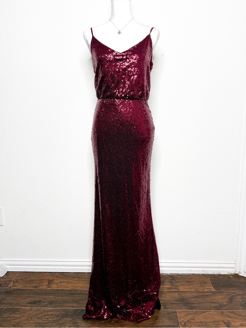Burgundy Sequin Maxi Dress Spaghetti Straps & Cinched Waist Size S